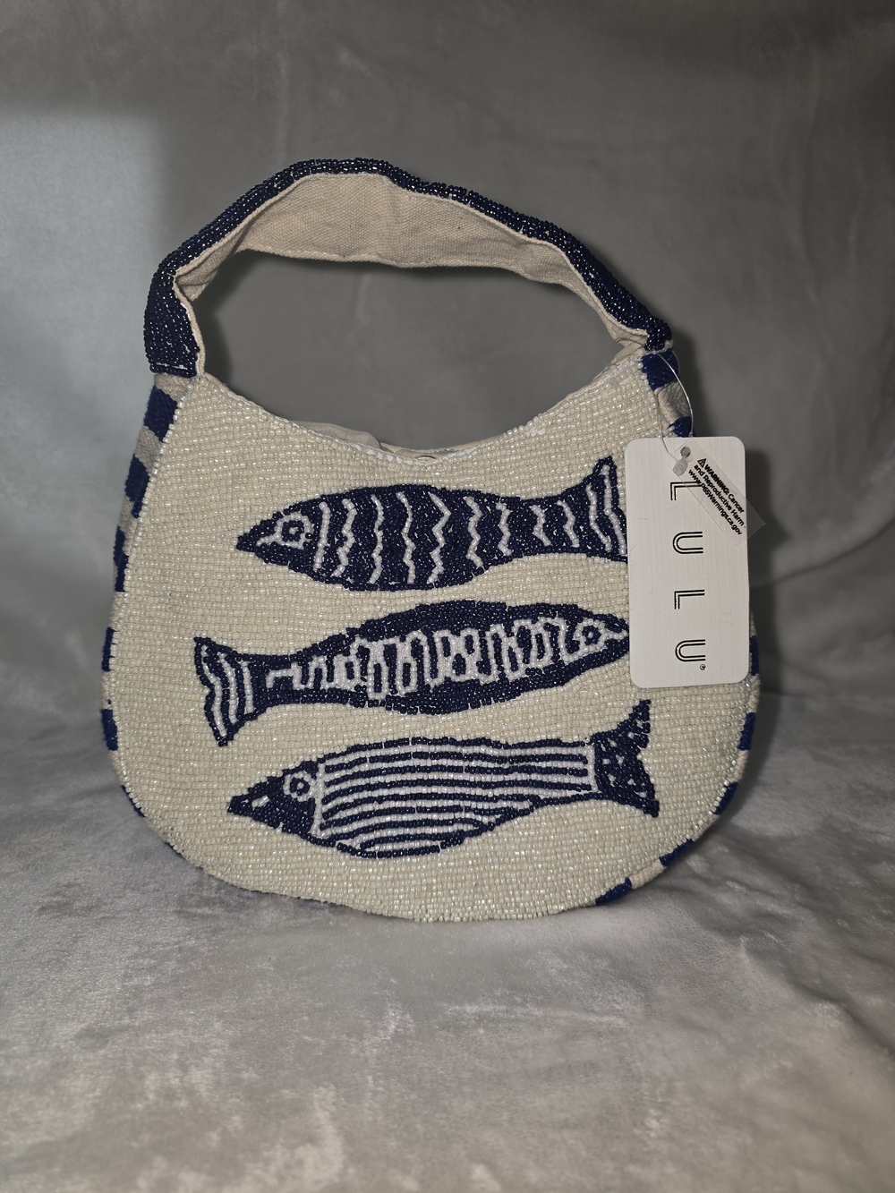 lululemon athletica White Beaded Bag with Navy Fish Motif